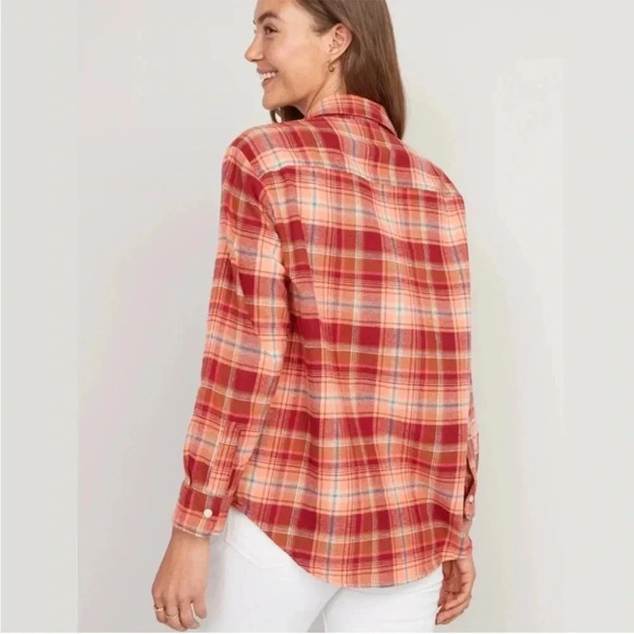 EUC Old Navy Flannel Boyfriend Tunic Shirt, Size 2X (20/22), Orange/red plaid - Picture 2 of 6